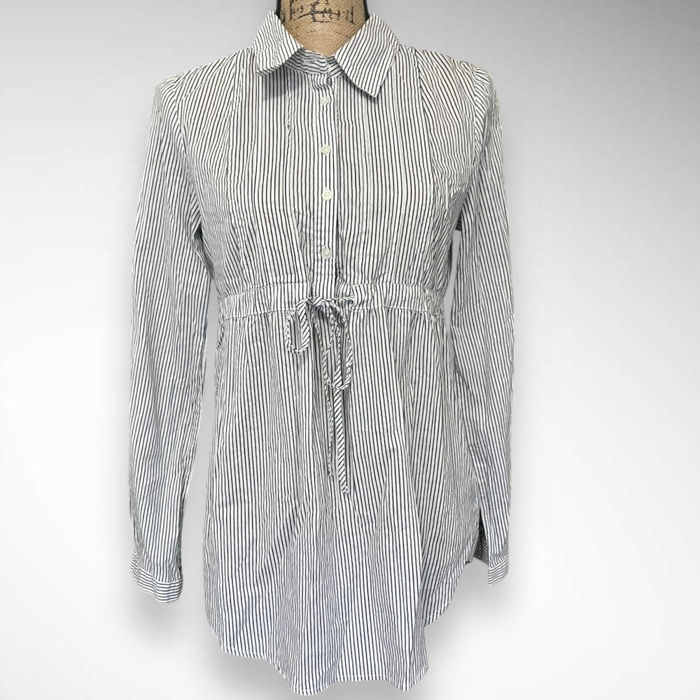 MILEY CYRUS MAX AZRIA White Black Striped Cinched Waist Long Sleeve Top